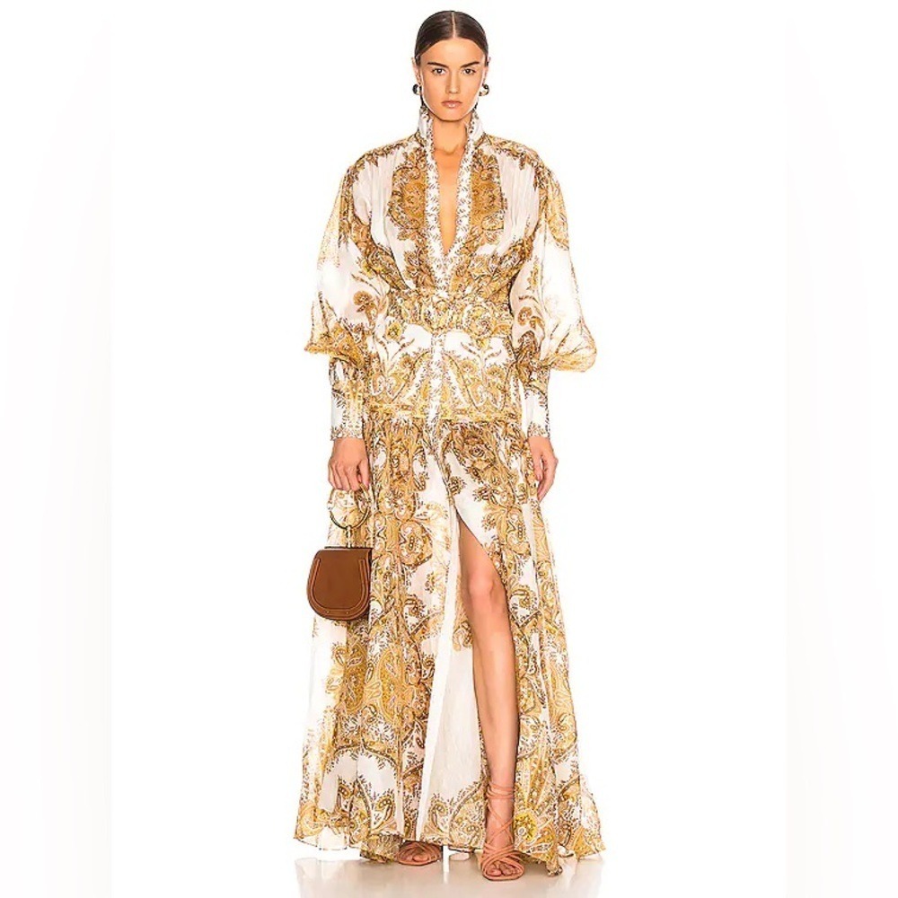 Zimmermann Zippy Billow Gold Paisley Maxi Dress AU 0 / US 2 Silk Linen NWT